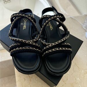 Chanel flat sandals size 41 black leather rope
